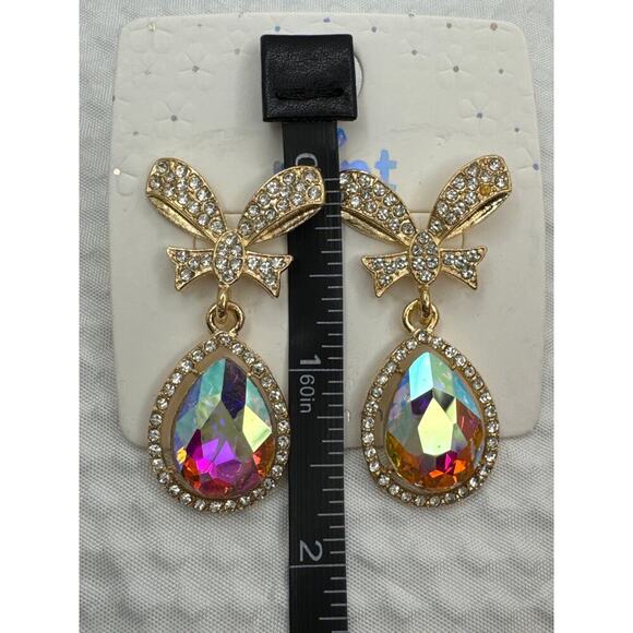 Gold Bow Rhinestone Drop Earrings with Iridescent Teardrop Crystals - Picture 5 of 5